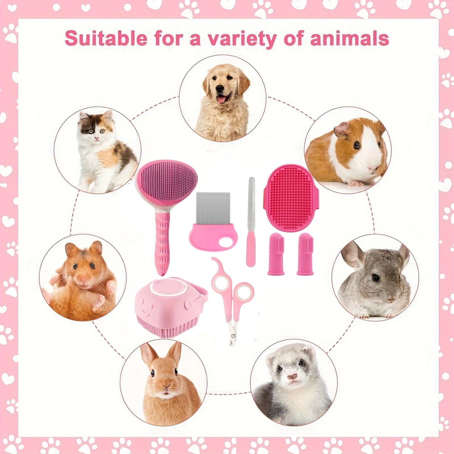 8Pcs Cat Grooming Kit with Self-Cleaning Slicker Brush, Nail Clippers, Comb & Dental Care - Cat Brush for Shedding and Grooming