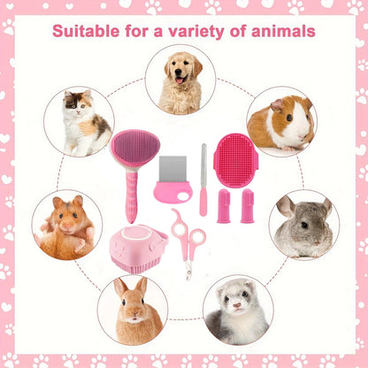 8Pcs Cat Grooming Kit with Self-Cleaning Slicker Brush, Nail Clippers, Comb & Dental Care - Cat Brush for Shedding and Grooming