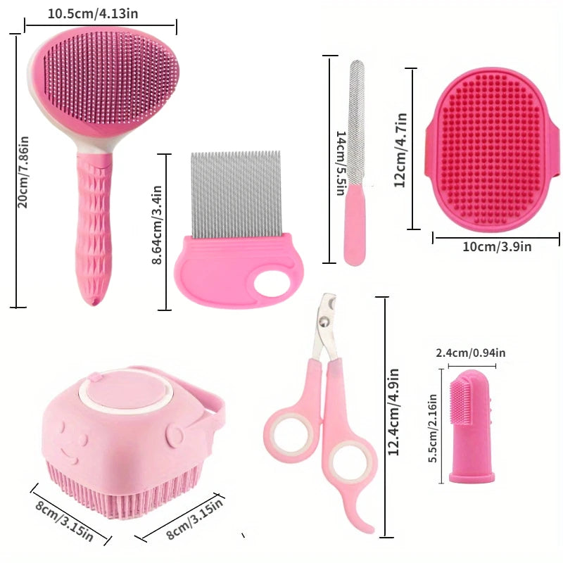 8Pcs Cat Grooming Kit with Self-Cleaning Slicker Brush, Nail Clippers, Comb & Dental Care - Cat Brush for Shedding and Grooming