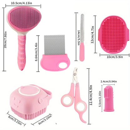 8Pcs Cat Grooming Kit with Self-Cleaning Slicker Brush, Nail Clippers, Comb & Dental Care - Cat Brush for Shedding and Grooming